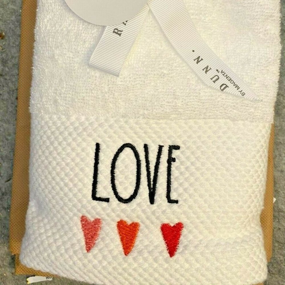 RAE DUNN Set of 2 HAND TOWELS Embroidered LOVE New